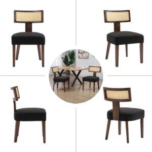 Upholstered Rattan Dining Chairs Set of 4, Mid-Century Modern Fabric Dining Room Chairs with Brown Hardwood Frame, Curved Backrest Kitchen Armless Accent Chairs for Living Room (Black)