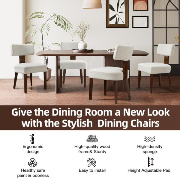 Upholstered Rattan Dining Chairs Set of 4, Mid-Century Modern Fabric Dining Room Chairs with Brown Hardwood Frame, Curved Backrest Kitchen Armless Accent Chairs for Living Room (Black)