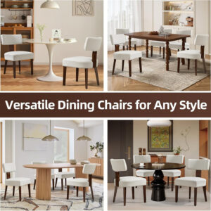 Upholstered Rattan Dining Chairs Set of 4, Mid-Century Modern Fabric Dining Room Chairs with Brown Hardwood Frame, Curved Backrest Kitchen Armless Accent Chairs for Living Room (Black)