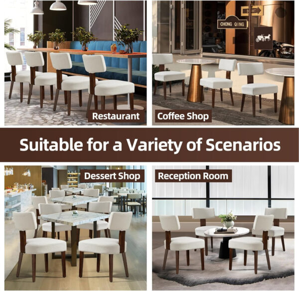 Upholstered Rattan Dining Chairs Set of 4, Mid-Century Modern Fabric Dining Room Chairs with Brown Hardwood Frame, Curved Backrest Kitchen Armless Accent Chairs for Living Room (Black)