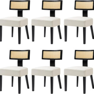 Upholstered Rattan Dining Chairs Set of 4, Mid-Century Modern Fabric Dining Room Chairs with Brown Hardwood Frame, Curved Backrest Kitchen Armless Accent Chairs for Living Room (Black)