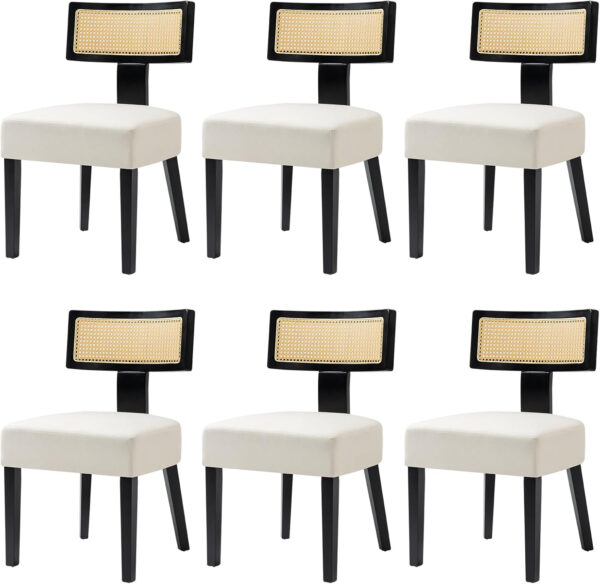 Upholstered Rattan Dining Chairs Set of 4, Mid-Century Modern Fabric Dining Room Chairs with Brown Hardwood Frame, Curved Backrest Kitchen Armless Accent Chairs for Living Room (Black)