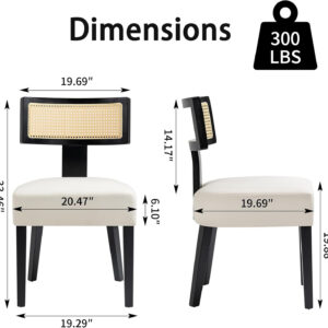 Upholstered Rattan Dining Chairs Set of 4, Mid-Century Modern Fabric Dining Room Chairs with Brown Hardwood Frame, Curved Backrest Kitchen Armless Accent Chairs for Living Room (Black)