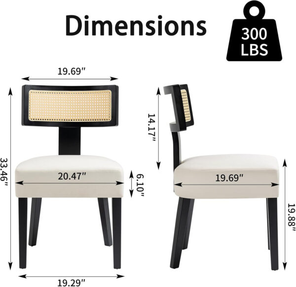 Upholstered Rattan Dining Chairs Set of 4, Mid-Century Modern Fabric Dining Room Chairs with Brown Hardwood Frame, Curved Backrest Kitchen Armless Accent Chairs for Living Room (Black)