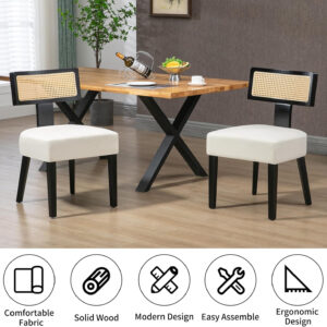 Upholstered Rattan Dining Chairs Set of 4, Mid-Century Modern Fabric Dining Room Chairs with Brown Hardwood Frame, Curved Backrest Kitchen Armless Accent Chairs for Living Room (Black)