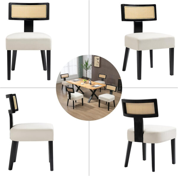 Upholstered Rattan Dining Chairs Set of 4, Mid-Century Modern Fabric Dining Room Chairs with Brown Hardwood Frame, Curved Backrest Kitchen Armless Accent Chairs for Living Room (Black)