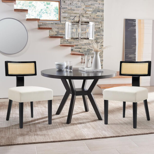 Upholstered Rattan Dining Chairs Set of 4, Mid-Century Modern Fabric Dining Room Chairs with Brown Hardwood Frame, Curved Backrest Kitchen Armless Accent Chairs for Living Room (Black)