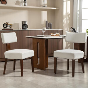 Upholstered Rattan Dining Chairs Set of 4, Mid-Century Modern Fabric Dining Room Chairs with Brown Hardwood Frame, Curved Backrest Kitchen Armless Accent Chairs for Living Room (Black)