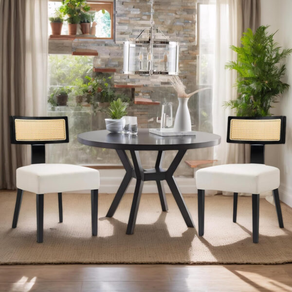 Upholstered Rattan Dining Chairs Set of 4, Mid-Century Modern Fabric Dining Room Chairs with Brown Hardwood Frame, Curved Backrest Kitchen Armless Accent Chairs for Living Room (Black)