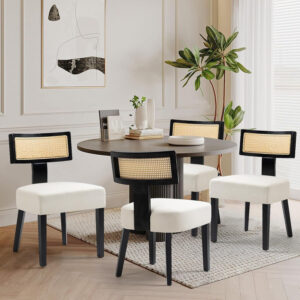 Upholstered Rattan Dining Chairs Set of 4, Mid-Century Modern Fabric Dining Room Chairs with Brown Hardwood Frame, Curved Backrest Kitchen Armless Accent Chairs for Living Room (Black)