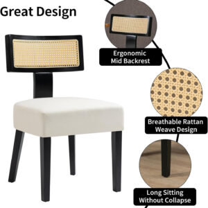 Upholstered Rattan Dining Chairs Set of 4, Mid-Century Modern Fabric Dining Room Chairs with Brown Hardwood Frame, Curved Backrest Kitchen Armless Accent Chairs for Living Room (Black)