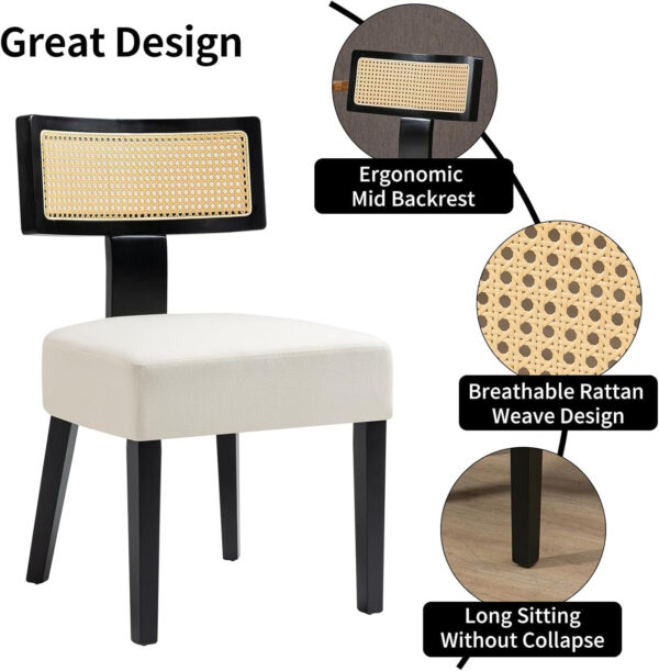 Upholstered Rattan Dining Chairs Set of 4, Mid-Century Modern Fabric Dining Room Chairs with Brown Hardwood Frame, Curved Backrest Kitchen Armless Accent Chairs for Living Room (Black)