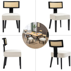 Upholstered Rattan Dining Chairs Set of 4, Mid-Century Modern Fabric Dining Room Chairs with Brown Hardwood Frame, Curved Backrest Kitchen Armless Accent Chairs for Living Room (Black)