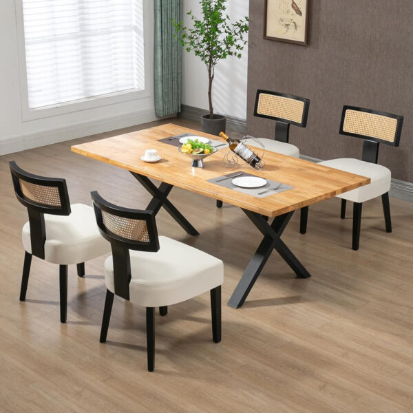 Upholstered Rattan Dining Chairs Set of 4, Mid-Century Modern Fabric Dining Room Chairs with Brown Hardwood Frame, Curved Backrest Kitchen Armless Accent Chairs for Living Room (Black)