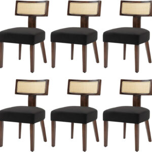 Upholstered Rattan Dining Chairs Set of 4, Mid-Century Modern Fabric Dining Room Chairs with Brown Hardwood Frame, Curved Backrest Kitchen Armless Accent Chairs for Living Room (Black)