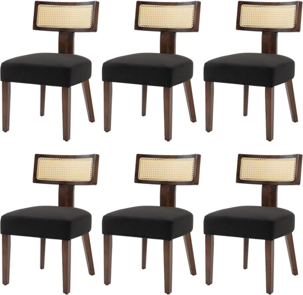 Upholstered Rattan Dining Chairs Set of 4, Mid-Century Modern Fabric Dining Room Chairs with Brown Hardwood Frame, Curved Backrest Kitchen Armless Accent Chairs for Living Room (Black)