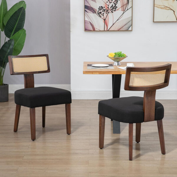 Upholstered Rattan Dining Chairs Set of 4, Mid-Century Modern Fabric Dining Room Chairs with Brown Hardwood Frame, Curved Backrest Kitchen Armless Accent Chairs for Living Room (Black)