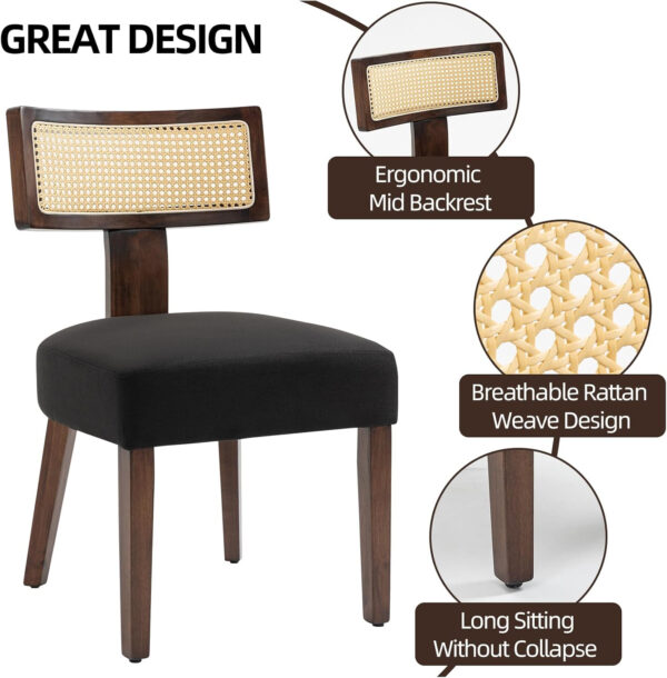 Upholstered Rattan Dining Chairs Set of 4, Mid-Century Modern Fabric Dining Room Chairs with Brown Hardwood Frame, Curved Backrest Kitchen Armless Accent Chairs for Living Room (Black)