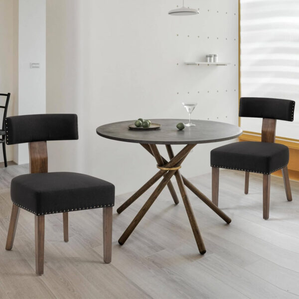 Upholstered Rattan Dining Chairs Set of 4, Mid-Century Modern Fabric Dining Room Chairs with Brown Hardwood Frame, Curved Backrest Kitchen Armless Accent Chairs for Living Room (Black)