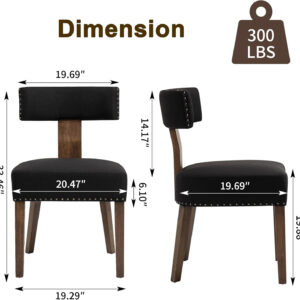 Upholstered Rattan Dining Chairs Set of 4, Mid-Century Modern Fabric Dining Room Chairs with Brown Hardwood Frame, Curved Backrest Kitchen Armless Accent Chairs for Living Room (Black)