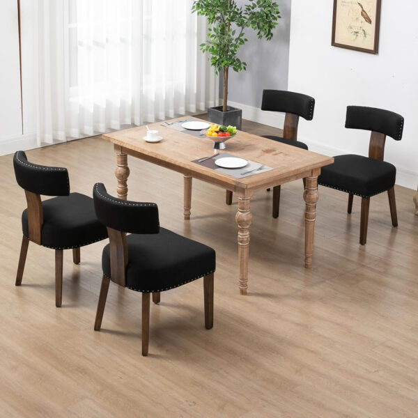 Upholstered Rattan Dining Chairs Set of 4, Mid-Century Modern Fabric Dining Room Chairs with Brown Hardwood Frame, Curved Backrest Kitchen Armless Accent Chairs for Living Room (Black)