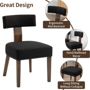 Upholstered Rattan Dining Chairs Set of 4, Mid-Century Modern Fabric Dining Room Chairs with Brown Hardwood Frame, Curved Backrest Kitchen Armless Accent Chairs for Living Room (Black)