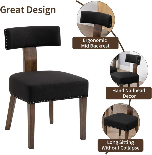 Upholstered Rattan Dining Chairs Set of 4, Mid-Century Modern Fabric Dining Room Chairs with Brown Hardwood Frame, Curved Backrest Kitchen Armless Accent Chairs for Living Room (Black)