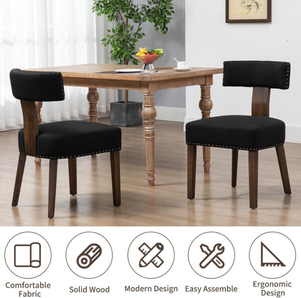 Upholstered Rattan Dining Chairs Set of 4, Mid-Century Modern Fabric Dining Room Chairs with Brown Hardwood Frame, Curved Backrest Kitchen Armless Accent Chairs for Living Room (Black)
