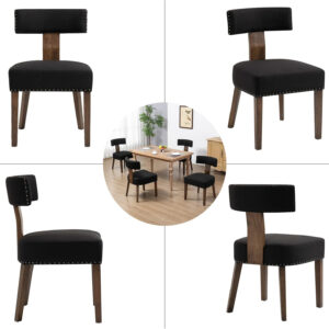 Upholstered Rattan Dining Chairs Set of 4, Mid-Century Modern Fabric Dining Room Chairs with Brown Hardwood Frame, Curved Backrest Kitchen Armless Accent Chairs for Living Room (Black)
