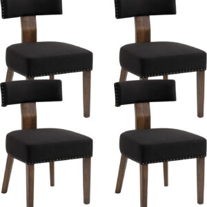 Upholstered Rattan Dining Chairs Set of 4, Mid-Century Modern Fabric Dining Room Chairs with Brown Hardwood Frame, Curved Backrest Kitchen Armless Accent Chairs for Living Room (Black)