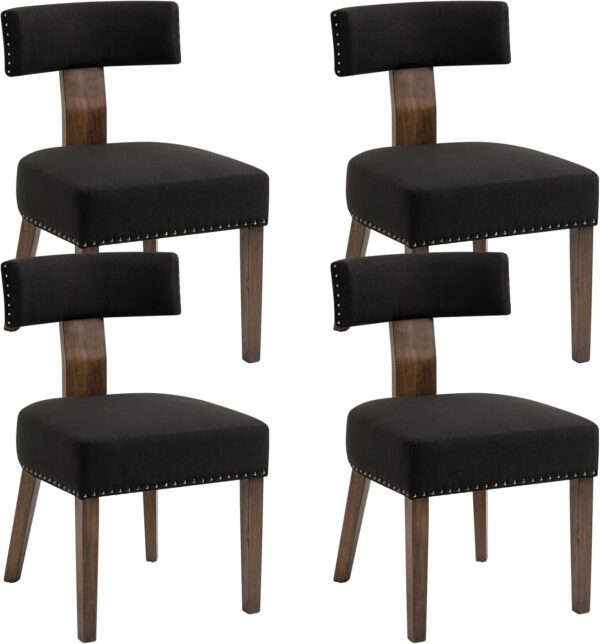 Upholstered Rattan Dining Chairs Set of 4, Mid-Century Modern Fabric Dining Room Chairs with Brown Hardwood Frame, Curved Backrest Kitchen Armless Accent Chairs for Living Room (Black)