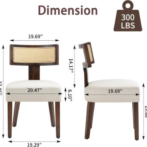 Upholstered Rattan Dining Chairs Set of 4, Mid-Century Modern Fabric Dining Room Chairs with Brown Hardwood Frame, Curved Backrest Kitchen Armless Accent Chairs for Living Room (Black)