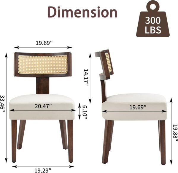 Upholstered Rattan Dining Chairs Set of 4, Mid-Century Modern Fabric Dining Room Chairs with Brown Hardwood Frame, Curved Backrest Kitchen Armless Accent Chairs for Living Room (Black)