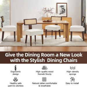 Upholstered Rattan Dining Chairs Set of 4, Mid-Century Modern Fabric Dining Room Chairs with Brown Hardwood Frame, Curved Backrest Kitchen Armless Accent Chairs for Living Room (Black)