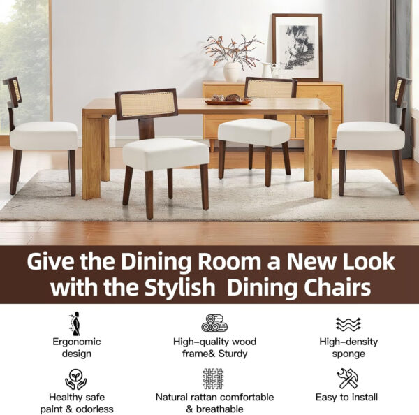 Upholstered Rattan Dining Chairs Set of 4, Mid-Century Modern Fabric Dining Room Chairs with Brown Hardwood Frame, Curved Backrest Kitchen Armless Accent Chairs for Living Room (Black)