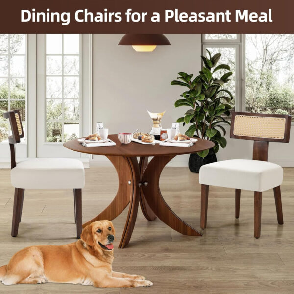 Upholstered Rattan Dining Chairs Set of 4, Mid-Century Modern Fabric Dining Room Chairs with Brown Hardwood Frame, Curved Backrest Kitchen Armless Accent Chairs for Living Room (Black)