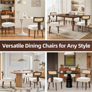 Upholstered Rattan Dining Chairs Set of 4, Mid-Century Modern Fabric Dining Room Chairs with Brown Hardwood Frame, Curved Backrest Kitchen Armless Accent Chairs for Living Room (Black)