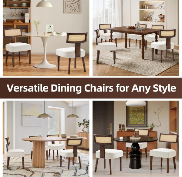 Upholstered Rattan Dining Chairs Set of 4, Mid-Century Modern Fabric Dining Room Chairs with Brown Hardwood Frame, Curved Backrest Kitchen Armless Accent Chairs for Living Room (Black)