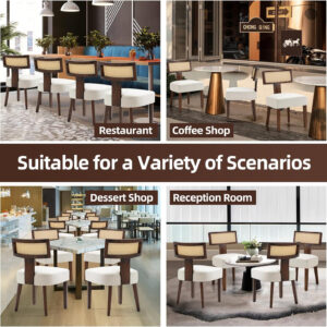 Upholstered Rattan Dining Chairs Set of 4, Mid-Century Modern Fabric Dining Room Chairs with Brown Hardwood Frame, Curved Backrest Kitchen Armless Accent Chairs for Living Room (Black)