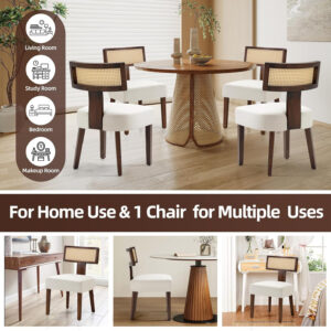 Upholstered Rattan Dining Chairs Set of 4, Mid-Century Modern Fabric Dining Room Chairs with Brown Hardwood Frame, Curved Backrest Kitchen Armless Accent Chairs for Living Room (Black)