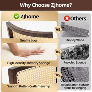 Upholstered Rattan Dining Chairs Set of 4, Mid-Century Modern Fabric Dining Room Chairs with Brown Hardwood Frame, Curved Backrest Kitchen Armless Accent Chairs for Living Room (Black)