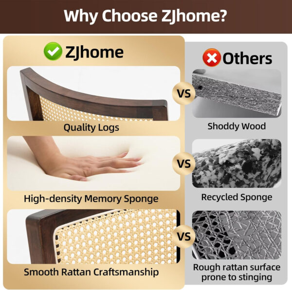 Upholstered Rattan Dining Chairs Set of 4, Mid-Century Modern Fabric Dining Room Chairs with Brown Hardwood Frame, Curved Backrest Kitchen Armless Accent Chairs for Living Room (Black)