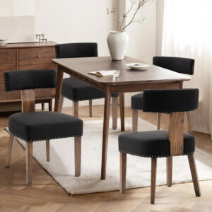 Upholstered Rattan Dining Chairs Set of 4, Mid-Century Modern Fabric Dining Room Chairs with Brown Hardwood Frame, Curved Backrest Kitchen Armless Accent Chairs for Living Room (Black)