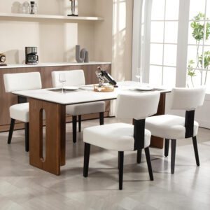 Upholstered Rattan Dining Chairs Set of 4, Mid-Century Modern Fabric Dining Room Chairs with Brown Hardwood Frame, Curved Backrest Kitchen Armless Accent Chairs for Living Room (Black)