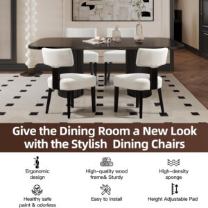 Upholstered Rattan Dining Chairs Set of 4, Mid-Century Modern Fabric Dining Room Chairs with Brown Hardwood Frame, Curved Backrest Kitchen Armless Accent Chairs for Living Room (Black)