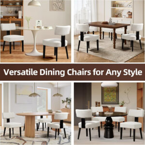 Upholstered Rattan Dining Chairs Set of 4, Mid-Century Modern Fabric Dining Room Chairs with Brown Hardwood Frame, Curved Backrest Kitchen Armless Accent Chairs for Living Room (Black)