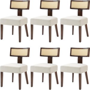 Upholstered Rattan Dining Chairs Set of 4, Mid-Century Modern Fabric Dining Room Chairs with Brown Hardwood Frame, Curved Backrest Kitchen Armless Accent Chairs for Living Room (Black)