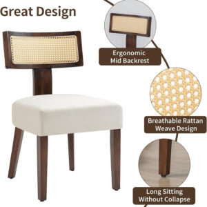 Upholstered Rattan Dining Chairs Set of 4, Mid-Century Modern Fabric Dining Room Chairs with Brown Hardwood Frame, Curved Backrest Kitchen Armless Accent Chairs for Living Room (Black)