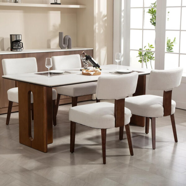 Upholstered Rattan Dining Chairs Set of 4, Mid-Century Modern Fabric Dining Room Chairs with Brown Hardwood Frame, Curved Backrest Kitchen Armless Accent Chairs for Living Room (Black)