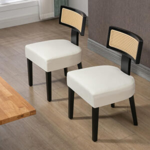 Upholstered Rattan Dining Chairs Set of 4, Mid-Century Modern Fabric Dining Room Chairs with Brown Hardwood Frame, Curved Backrest Kitchen Armless Accent Chairs for Living Room (Black)